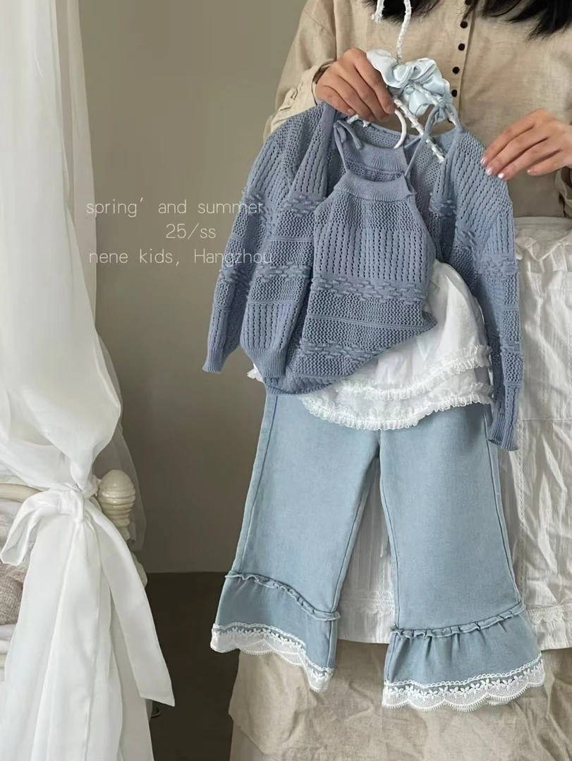 女童棉百搭针织吊带外套两件套针织套装裤子2025春季上衣