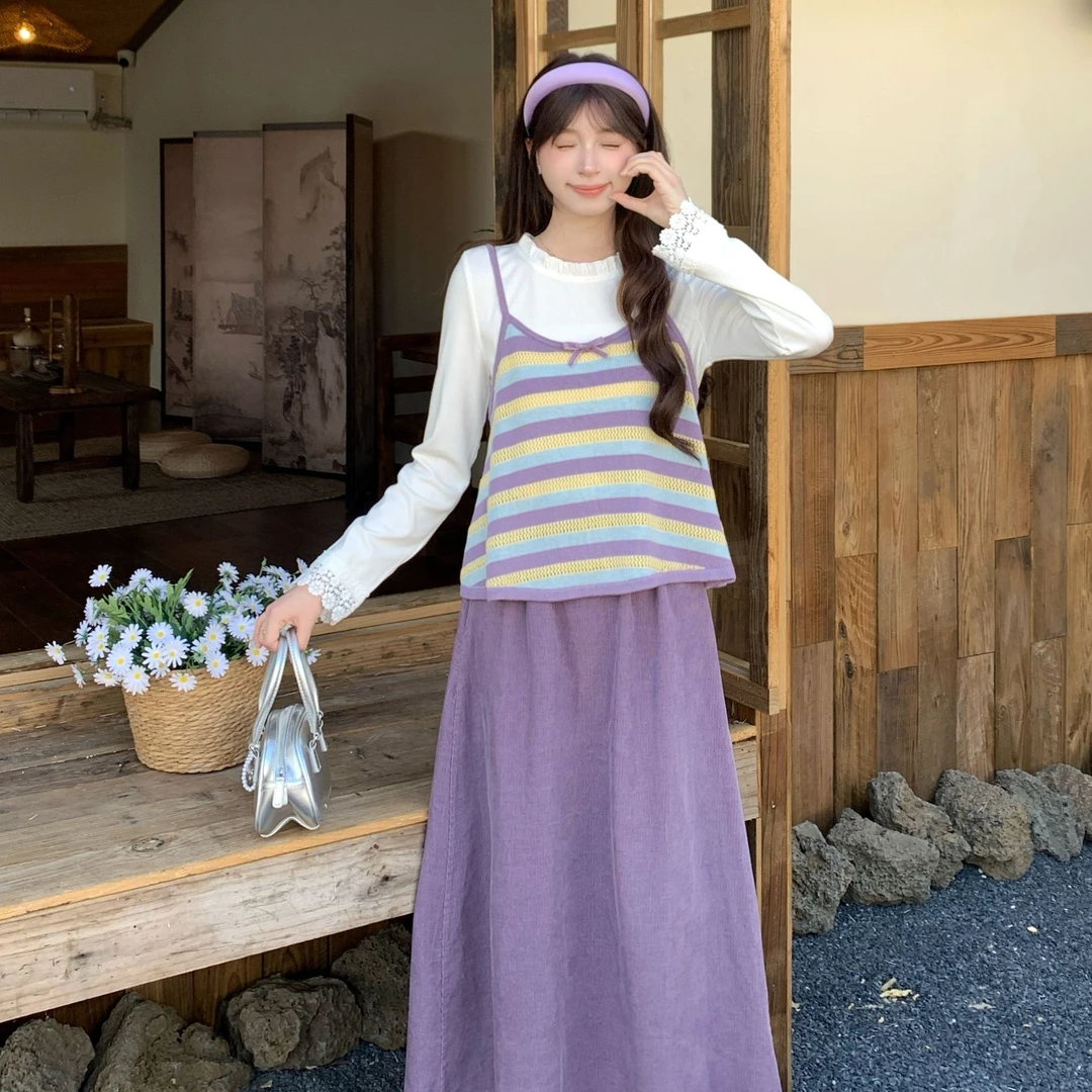 慕兔法式甜美宽松显瘦长袖T恤搭配针织吊带两件套女2025秋季新款