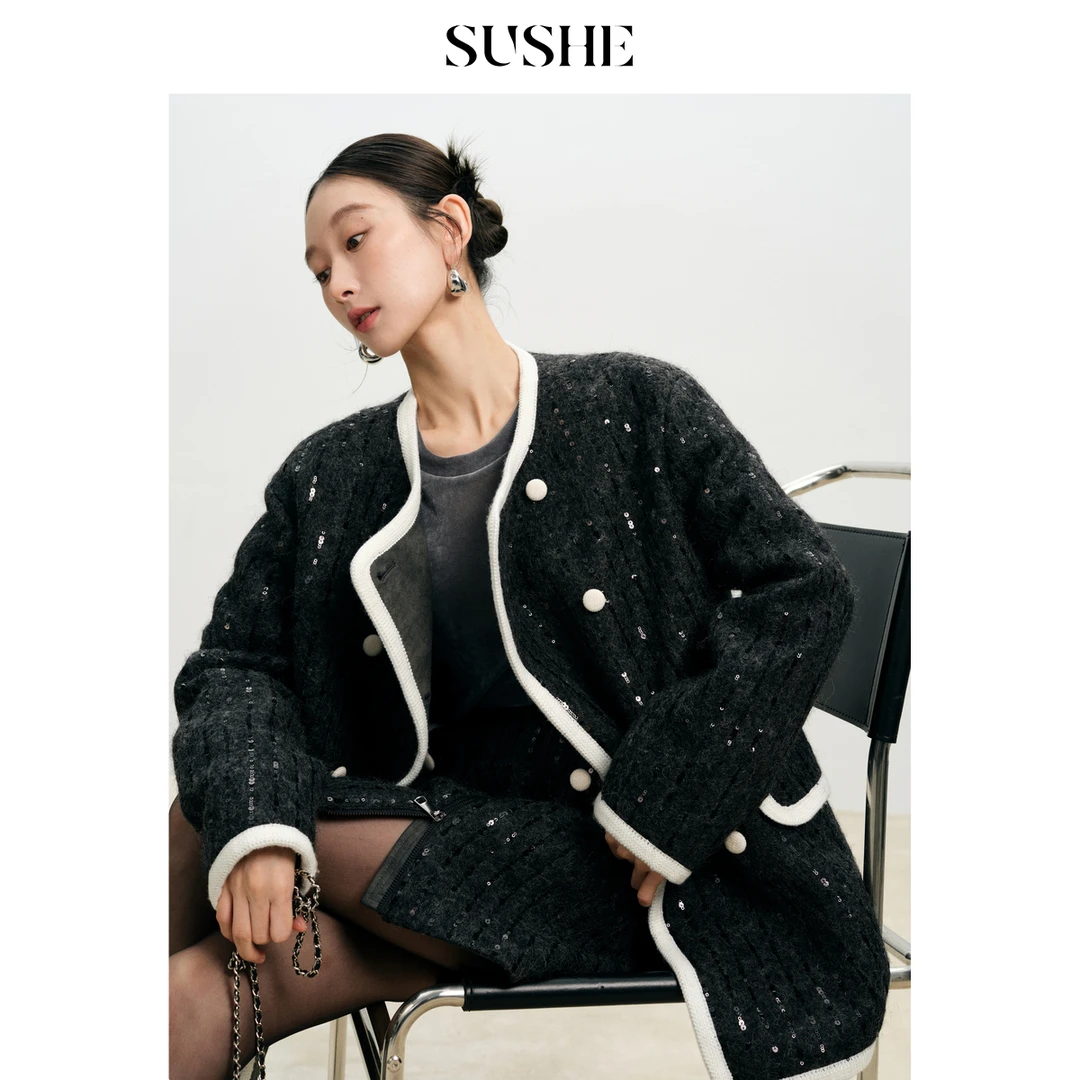 SUSHE潋滟奢感小香重工满绣珠片花呢黑色圆领外套半裙套装气质