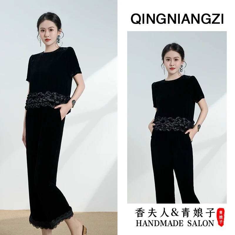 青娘子真丝丝绒（绚荔）拼接款休闲时尚短款短袖百搭套头上衣-60952