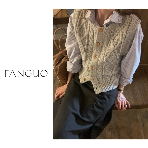 【学姐日常】复古麻花羊毛混纺针织马甲上衣女休闲毛线褂子27559