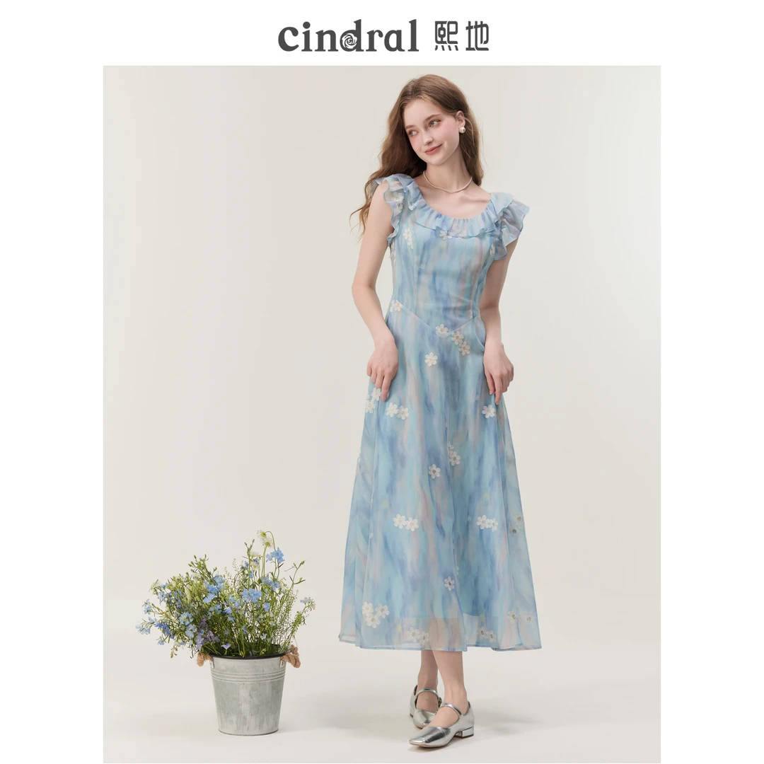 【熙地】春季夏季新款碎花显瘦小众洋气印花连衣裙蓝色C84XD0846L