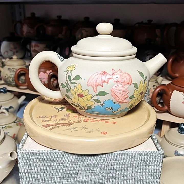 建水紫陶堆雕刻绘茶壶复烧全品8号240cc
