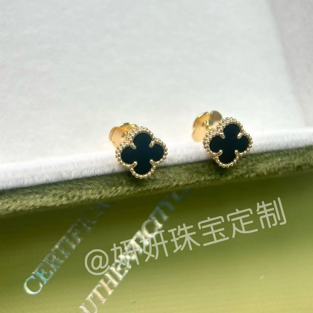 18k金黑玛瑙9mm四叶草耳钉大气时尚百搭奢品重工
