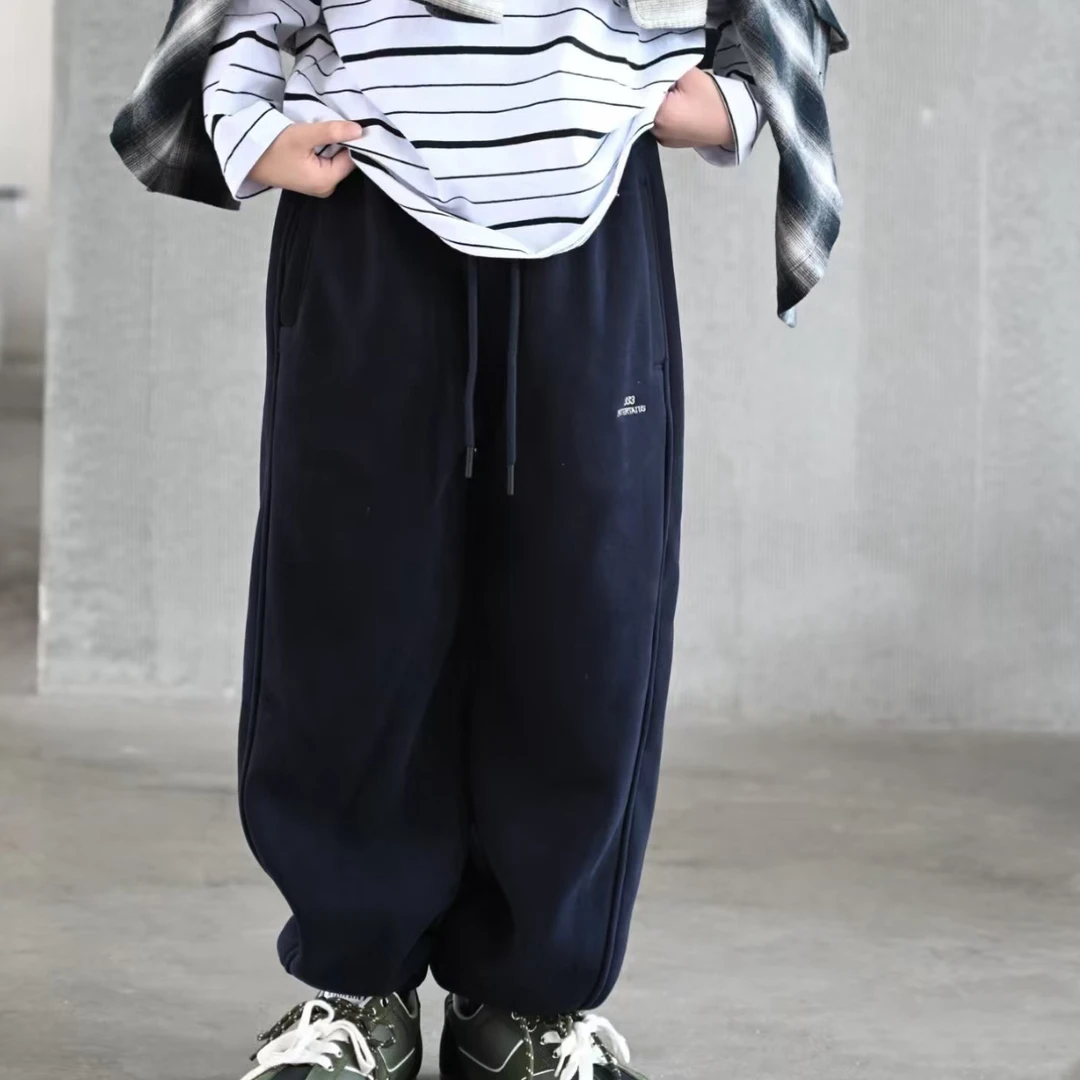 2025冬新款加绒运动休闲裤23567 儿童束脚灰色卫裤男女童黑色长裤