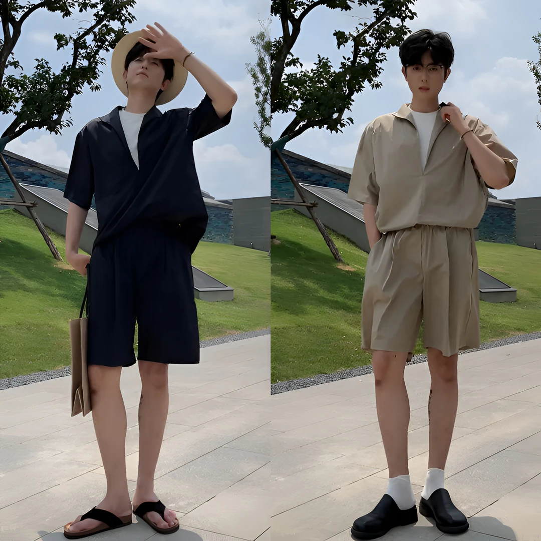 夏季时尚潮流简约假两件衬衫短裤套装男韩版慵懒风轻奢休闲套装