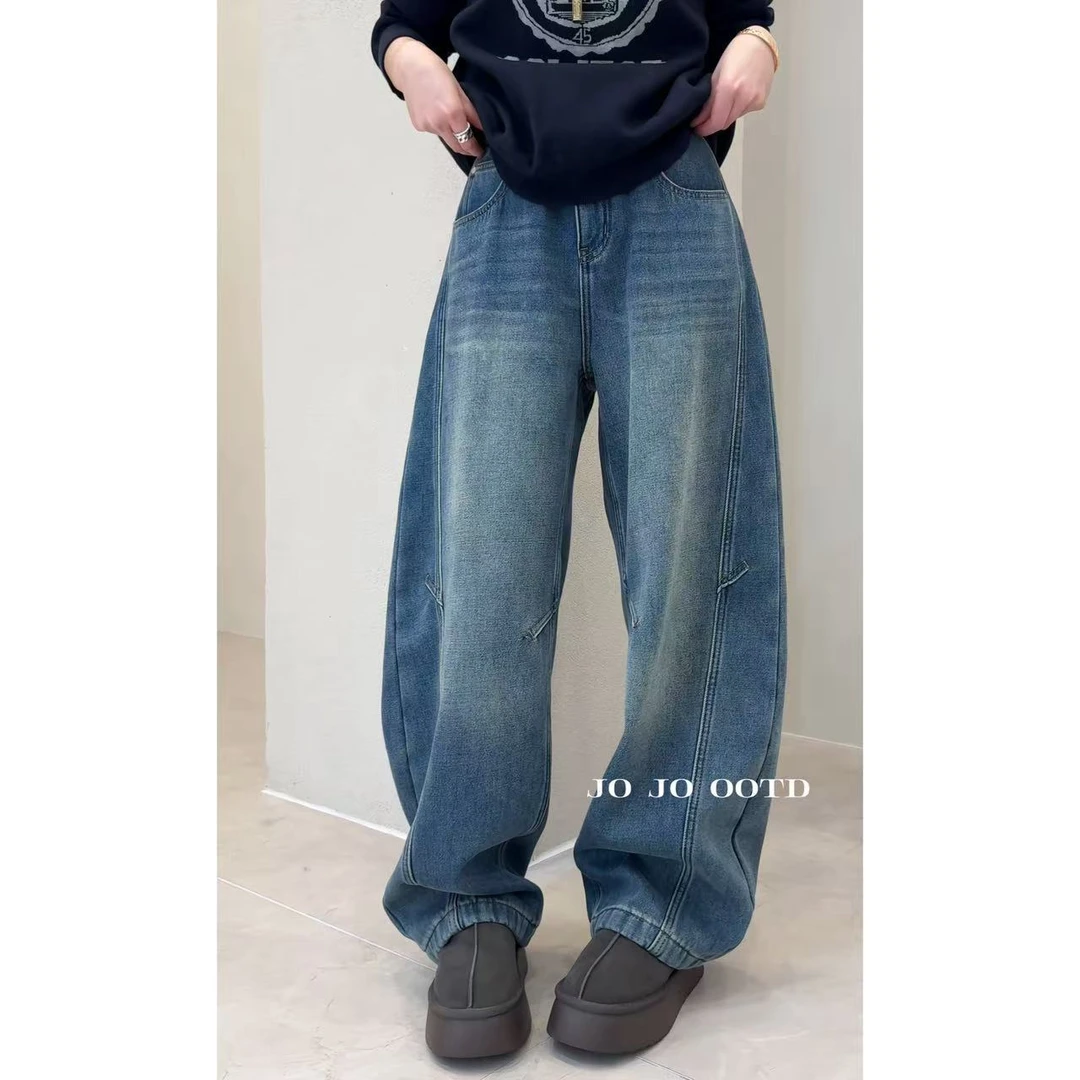 玖了个玖【双走线牛仔裤】2025秋冬新款加绒加厚阔腿裤2511C7506