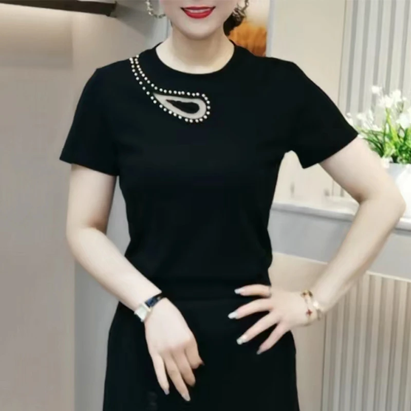 夏季新款时尚圆领显瘦百搭t恤洋气妈妈装减龄短袖遮肚休闲小衫女