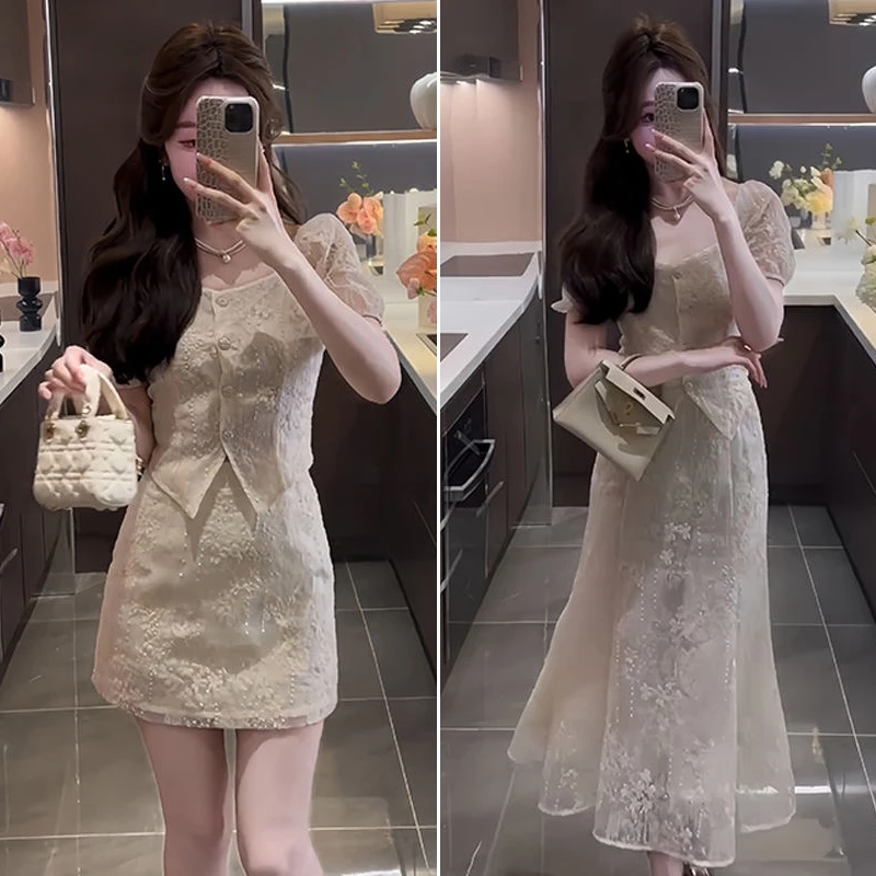 【芊芊】微胖大码蕾丝小香风套装女夏季减龄气质上衣+半身裙两件套