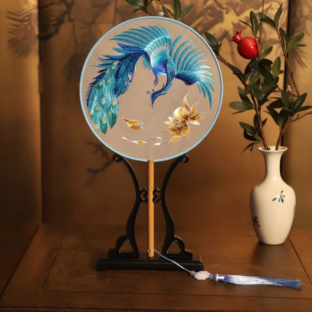 【蓝色凤穿牡丹65】苏绣团扇古风刺绣扇子