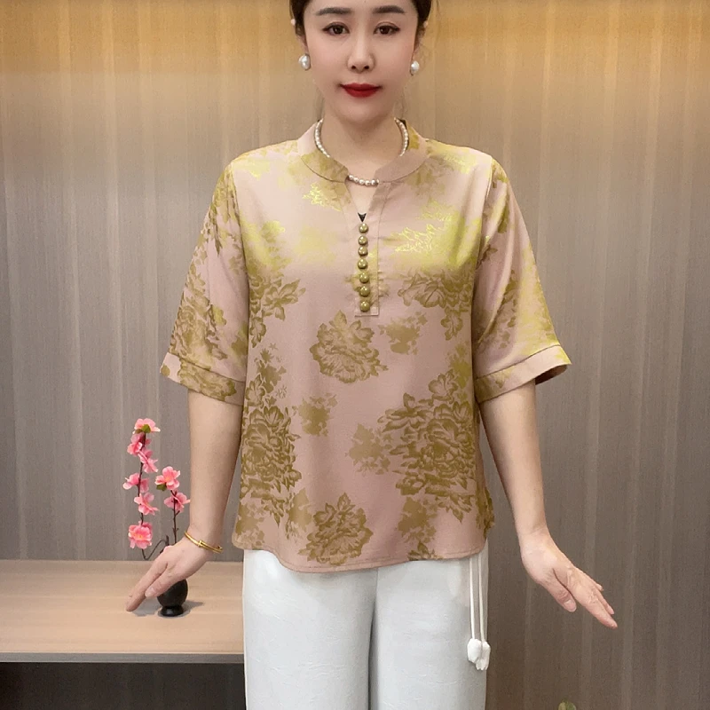 8693时尚夏季中袖时髦妈妈t恤经典人气宽松妈妈装中年女装上衣