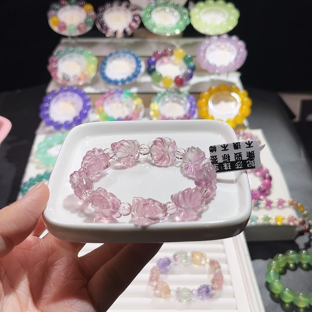 萤石未镶嵌手串蜜桃粉紫狐狸