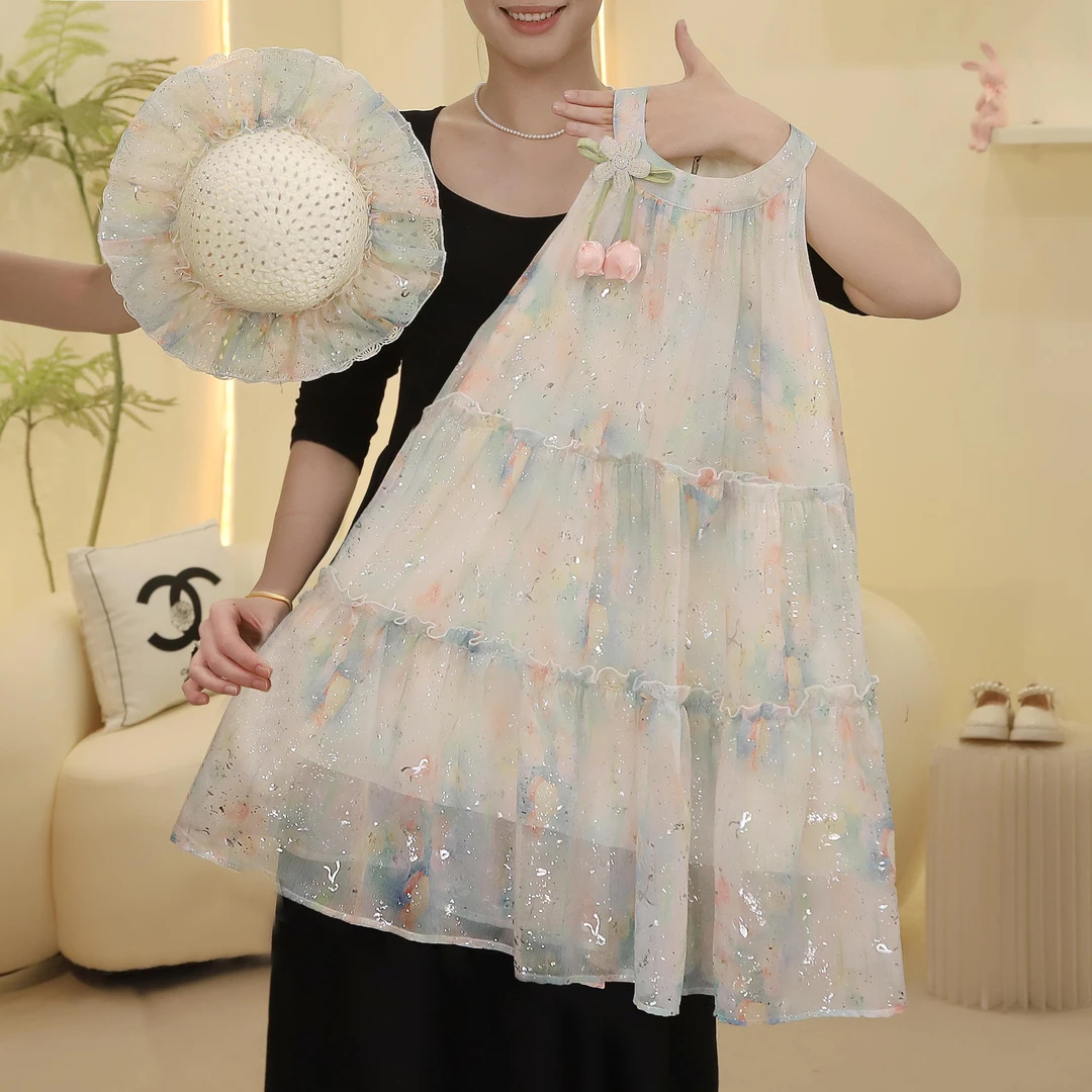 女童连衣裙2025夏季高级感碎花撒银挂脖连衣裙公主裙5230001728