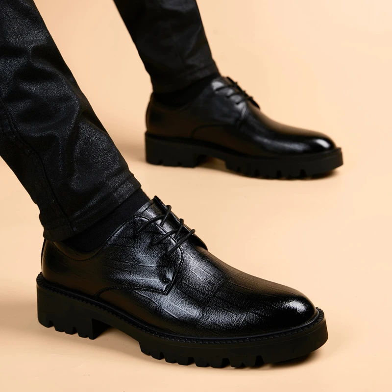 EAEOVNI厚底皮鞋男透气商务休闲尖头黑色鞋尖增高婚鞋青年英伦风