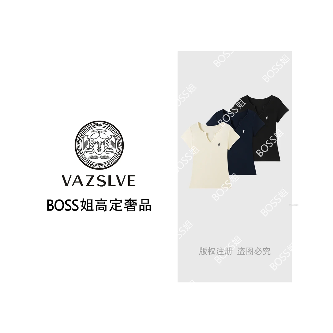 VAZSLVE/原创设计 气质小马标刺绣V领修身百搭短袖T恤 SS26230