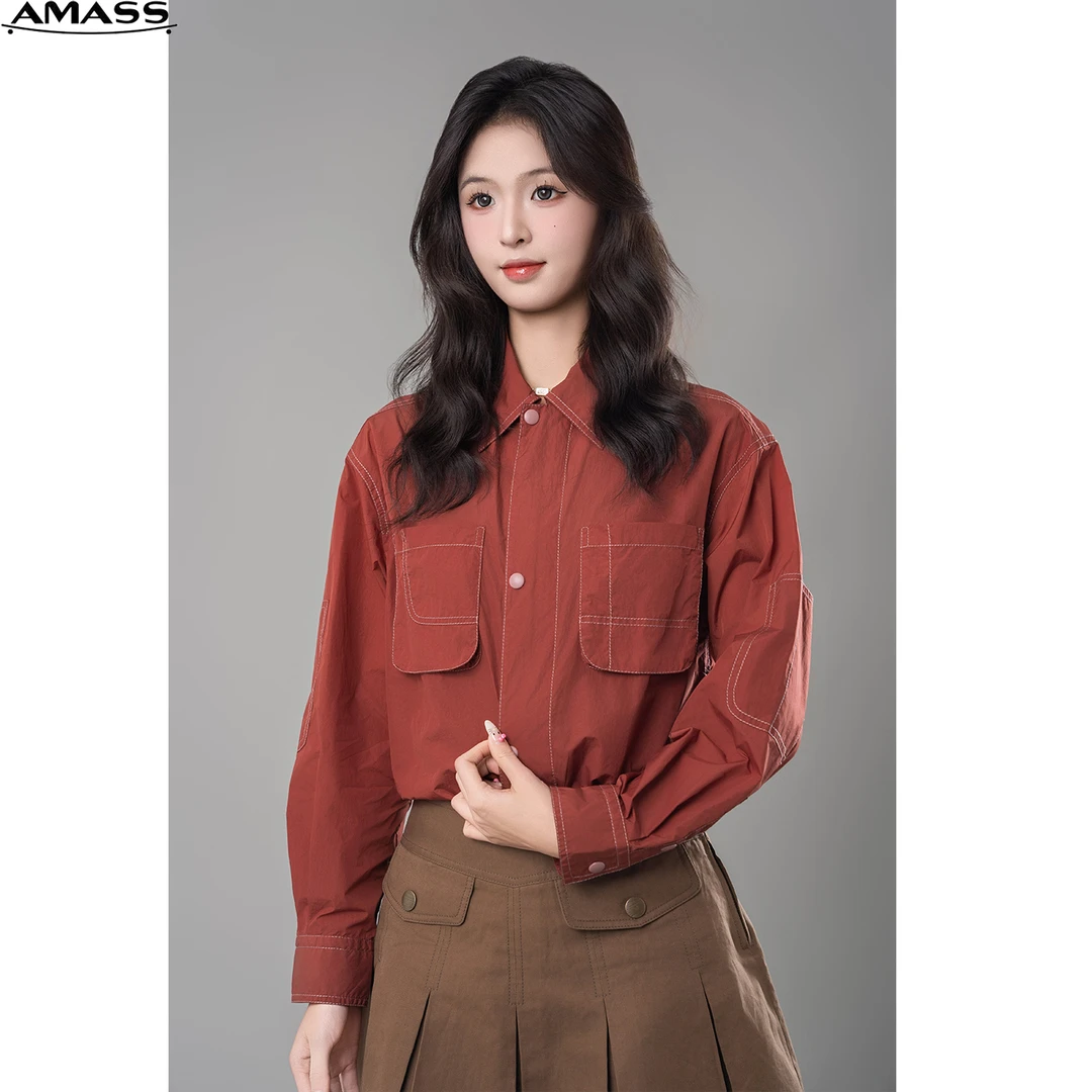 AMASS/阿玛施早春新款百搭休闲时尚复古明线设计纯色衬衫 5300913