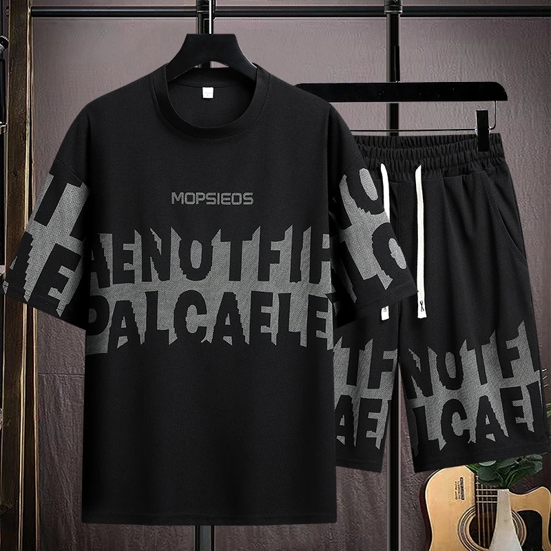 潮流短袖T恤配短裤休闲运动套装男士夏季薄款宽松透气帅气二件套