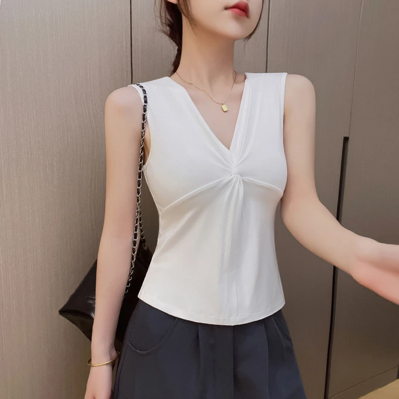 日系极简风V领纽结内搭无袖背心2025夏季新款修身显瘦百搭女上衣