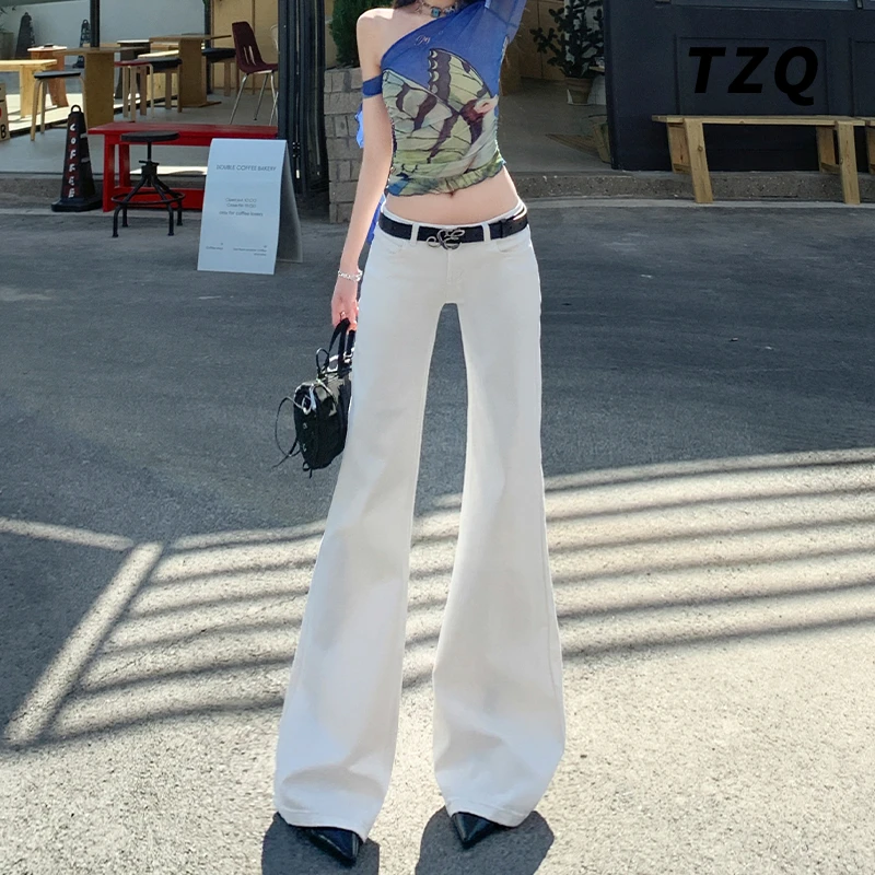 韩系白色低腰微喇牛仔裤女2025新款修身弹力直筒喇叭裤TZQ2520304