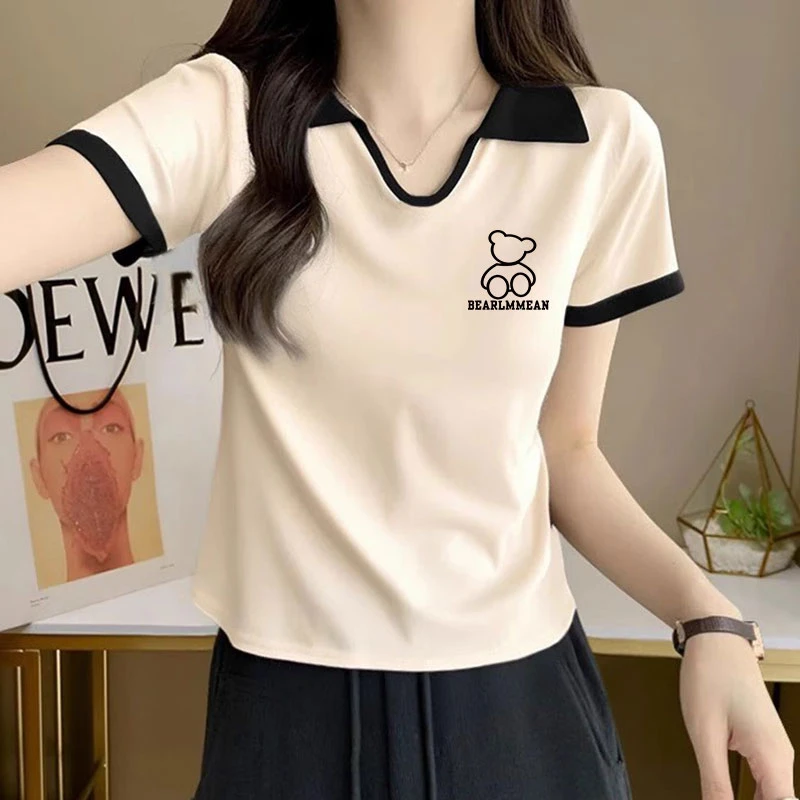 POLO领短款短袖T恤女夏季宽松大码设计感撞色显瘦翻领打底上衣潮