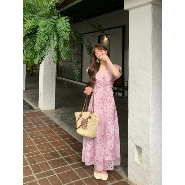 【纯情巴洛克】粉调扎染收腰荷叶波点连衣裙