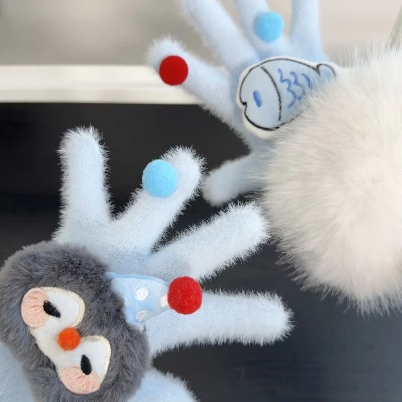 可爱企鹅小鱼毛茸手套女冬季保暖防寒儿童骑行学生全包分指手套LU