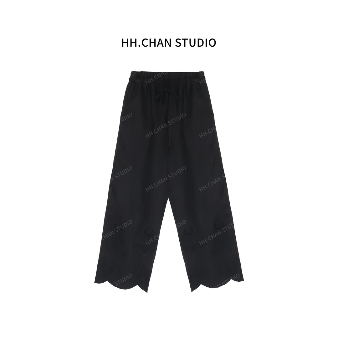 HH.CHAN“琳琅”100%亚麻直筒提花钩花自然风黑色休闲裤HH-7042