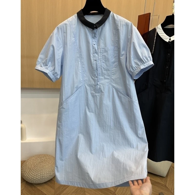 00696高端欧货夏设计感小众拼色小翻领宽松休闲短袖衬衫连衣裙女