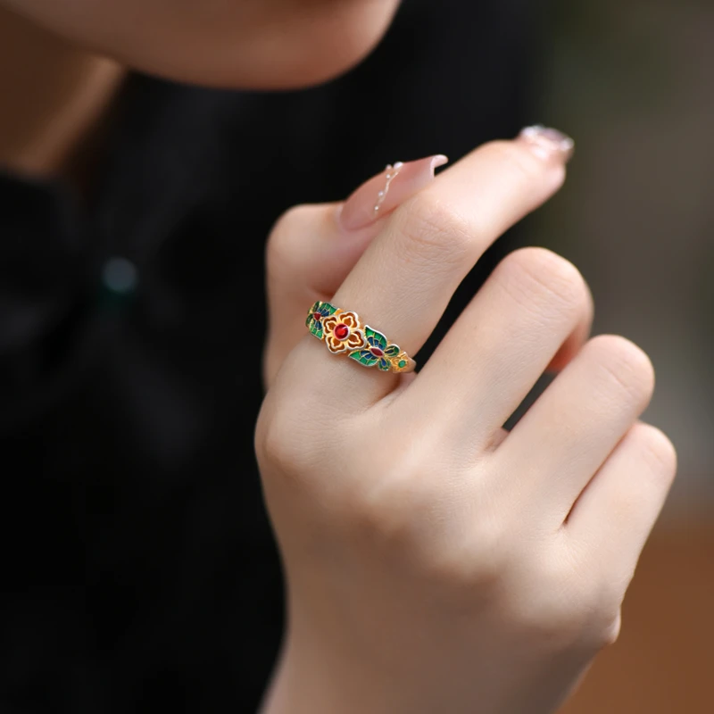 罗泰老银匠 足银戒指 990纯银珐琅蝶恋花戒指女士款轻奢食指指环