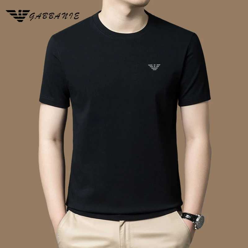 GABBANIE高级感男装夏季100%纯棉短袖t恤男韩版宽松纯色圆领上衣