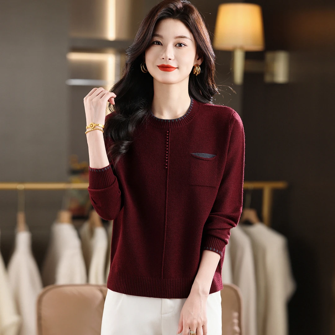 超好看针织圆领针织衫女内搭秋冬款高级感钉珠气质百搭毛衣打底衫