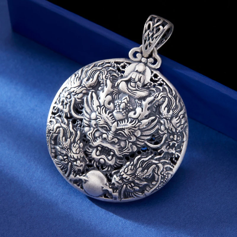 吊坠足银 九龙戏珠复古民族风男双面挂坠做旧项坠素款古风纯手工