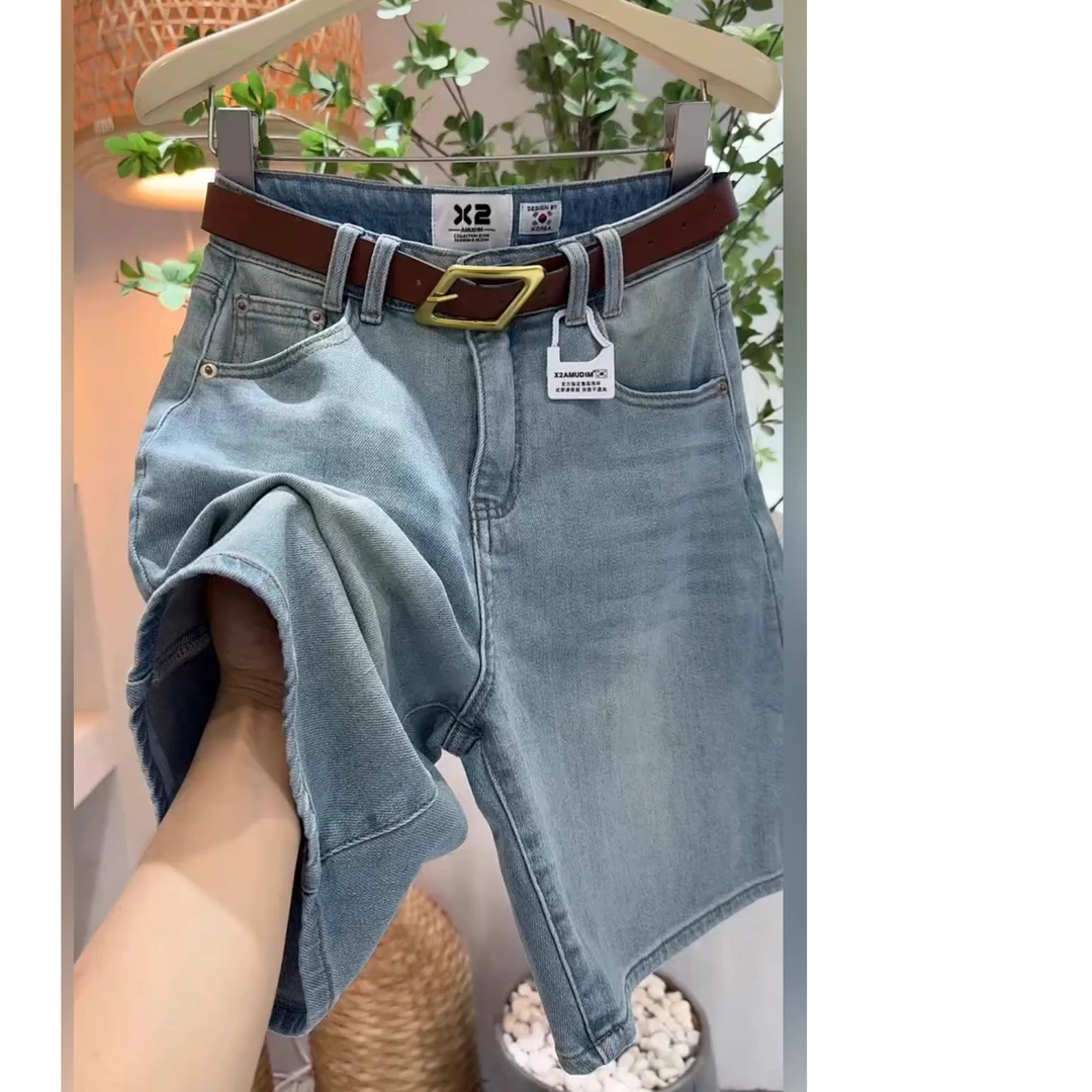 浅蓝色牛仔短裤女设计感高腰2025新款夏季水洗五分中裤子宽松直筒