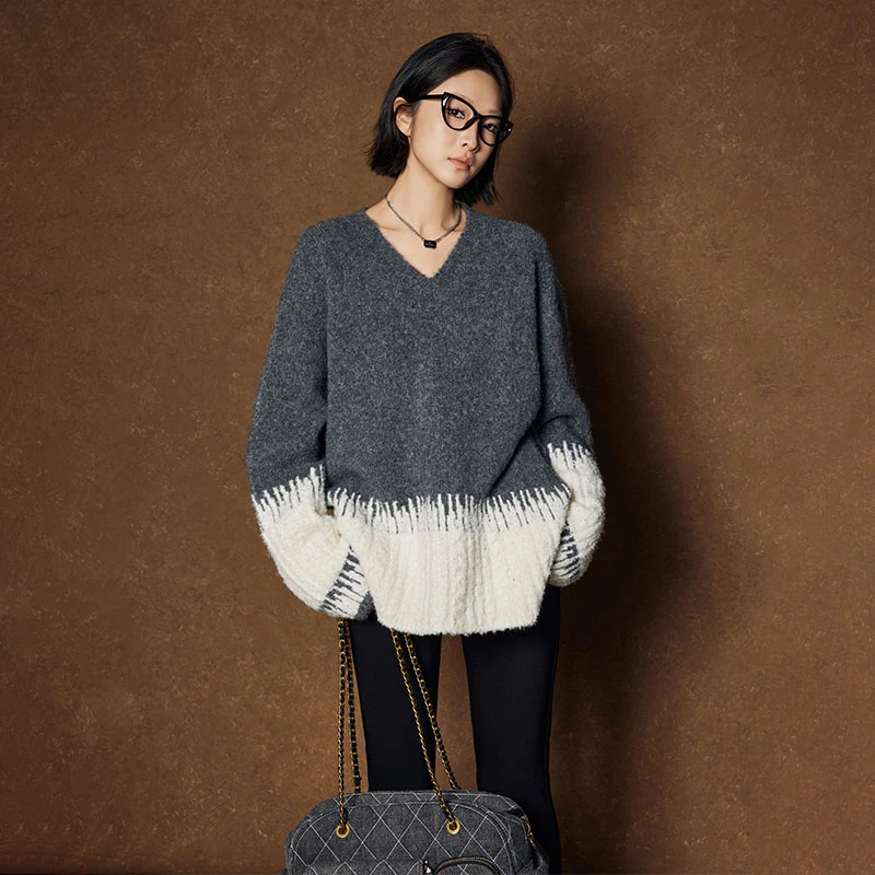 美洋MEIYANG 雪原毛衣 羊毛混纺_粗坑条针织撞色渐变宽松V领上衣
