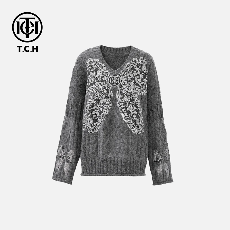 TCH私服烫钻工艺设计感灰色蝴蝶结针织衫女T72C09E5083轻奢tch