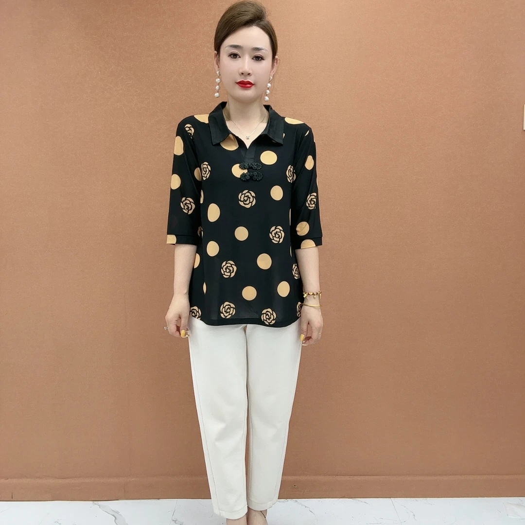国风盘扣翻领中袖妈妈装小衫遮肉显瘦洋气百搭休闲款式夏季必备1