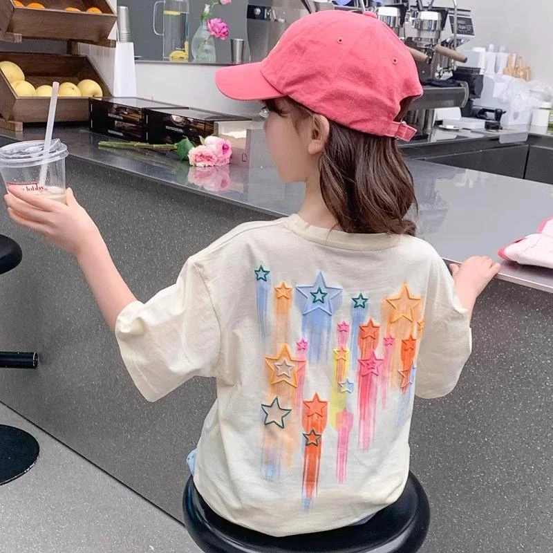 100%纯棉女童短袖T恤儿童洋气时尚百搭上衣中大童休闲半袖T恤女孩