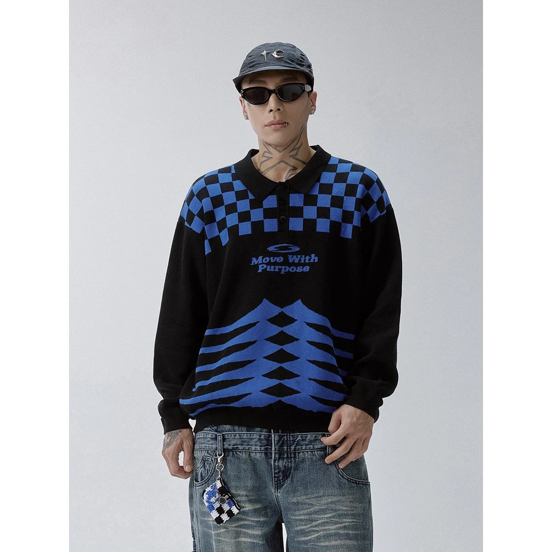 F2CE潮流拼接撞色棋盘格纹polo领毛衣休闲宽松百搭男女保暖针织衫