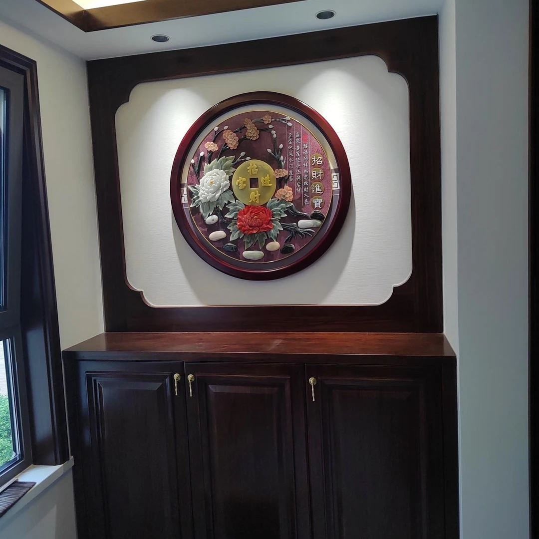85厘米直径圆形实木框架招财进宝玉雕画新中式入户玄关装饰挂画