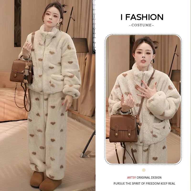 慵懒风网红爱心时尚套装女2025年加绒加厚保暖遮肉毛衣毛裤两件套