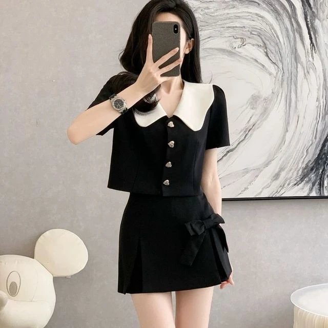两件套小香风娃娃领时尚套装女通勤短款西装上衣高腰裙裤D0841
