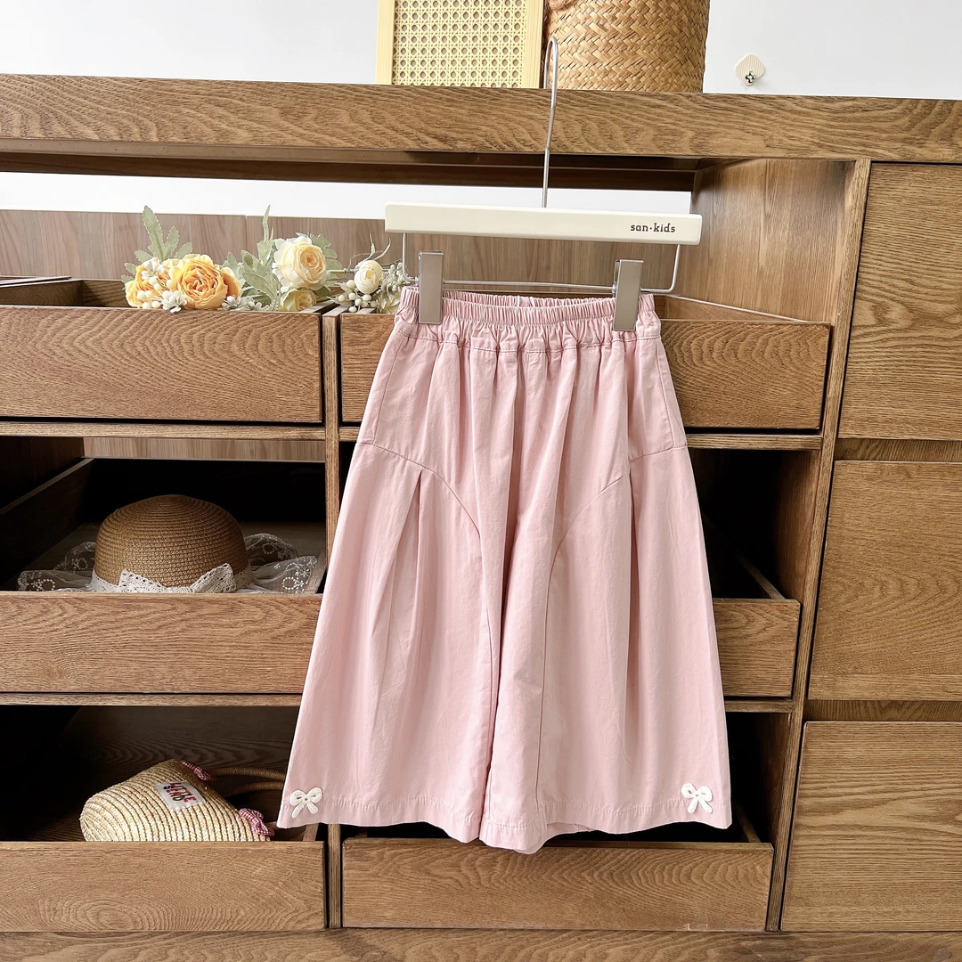 【八分 棉布裤】25901（粉色）裤子 女童韩版 裤脚蝴蝶结 阔腿八分裤
