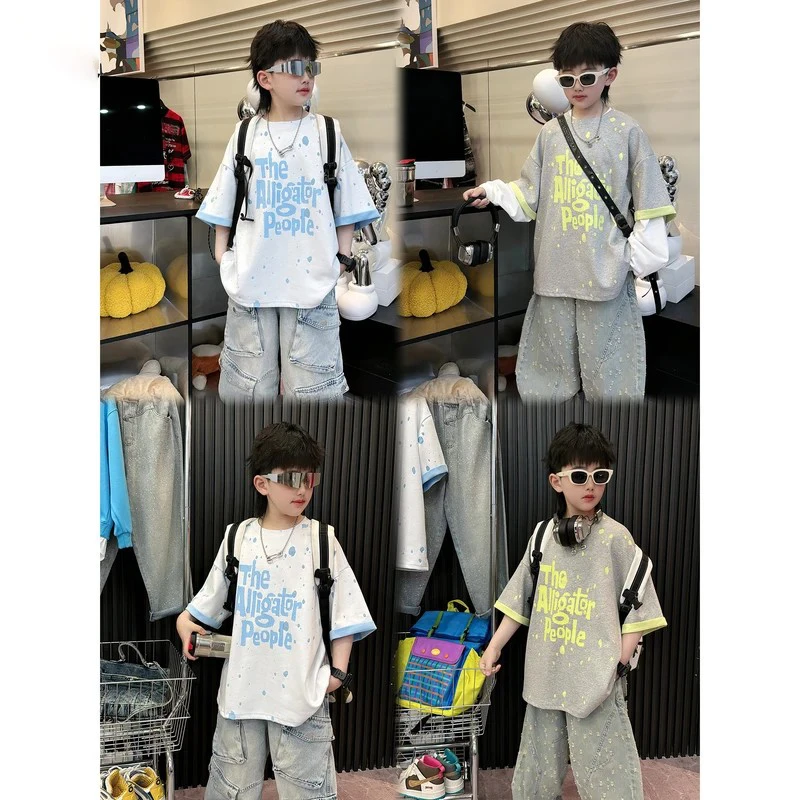 儿童【夏日色彩】春夏款时尚街头男童白蓝/灰绿撞色字母洋气短袖T恤