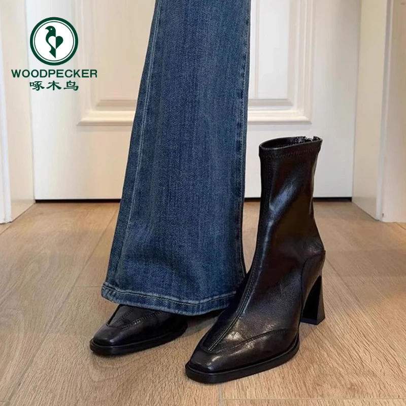 啄木鸟法式复古拼接棕色弹力瘦瘦靴女后拉链高跟短靴小个子袜子靴