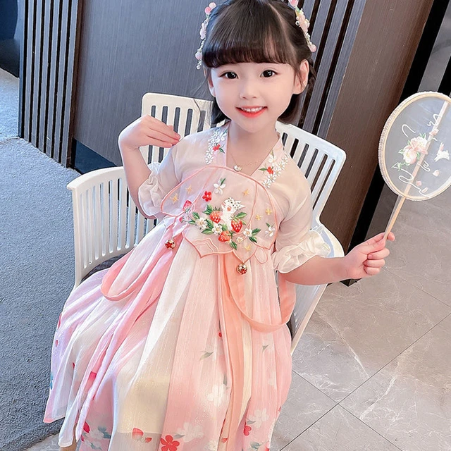 女童汉服2025夏装短袖儿童唐装小女孩仙女中国风雪纺宝宝连衣裙