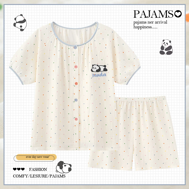 小熊猫睡衣女夏季纯棉棉纱薄款短袖少女风可爱ins波点家居服套装