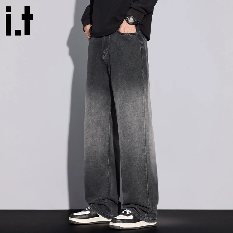 i.t:CHOCOOLATE水洗做旧牛仔裤男士2025秋冬复古百搭阔腿直筒长裤