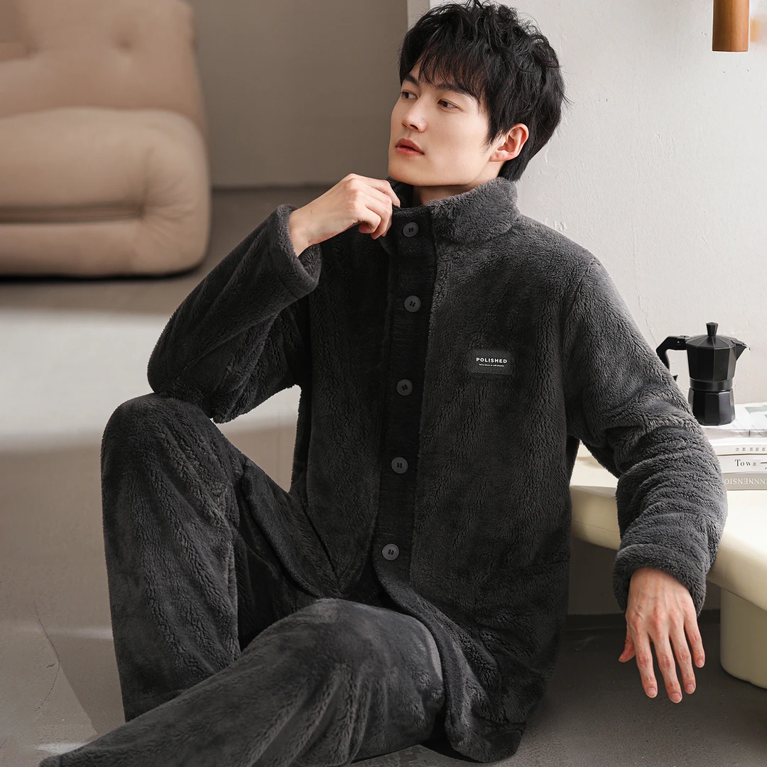 睡衣男秋冬加厚加绒法兰绒套装珊瑚绒家居服立领开衫大码保暖冬装
