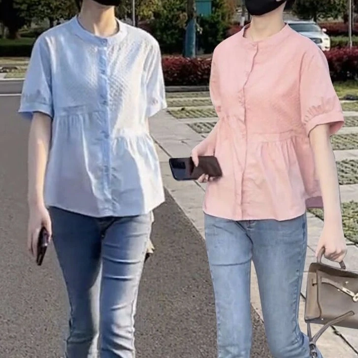 短袖拼接衬衫九分牛仔裤套装女2025夏新款宽松休闲显瘦百搭两件套