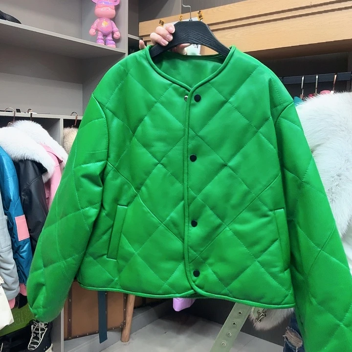 绿色女装皮羽绒皮衣真皮